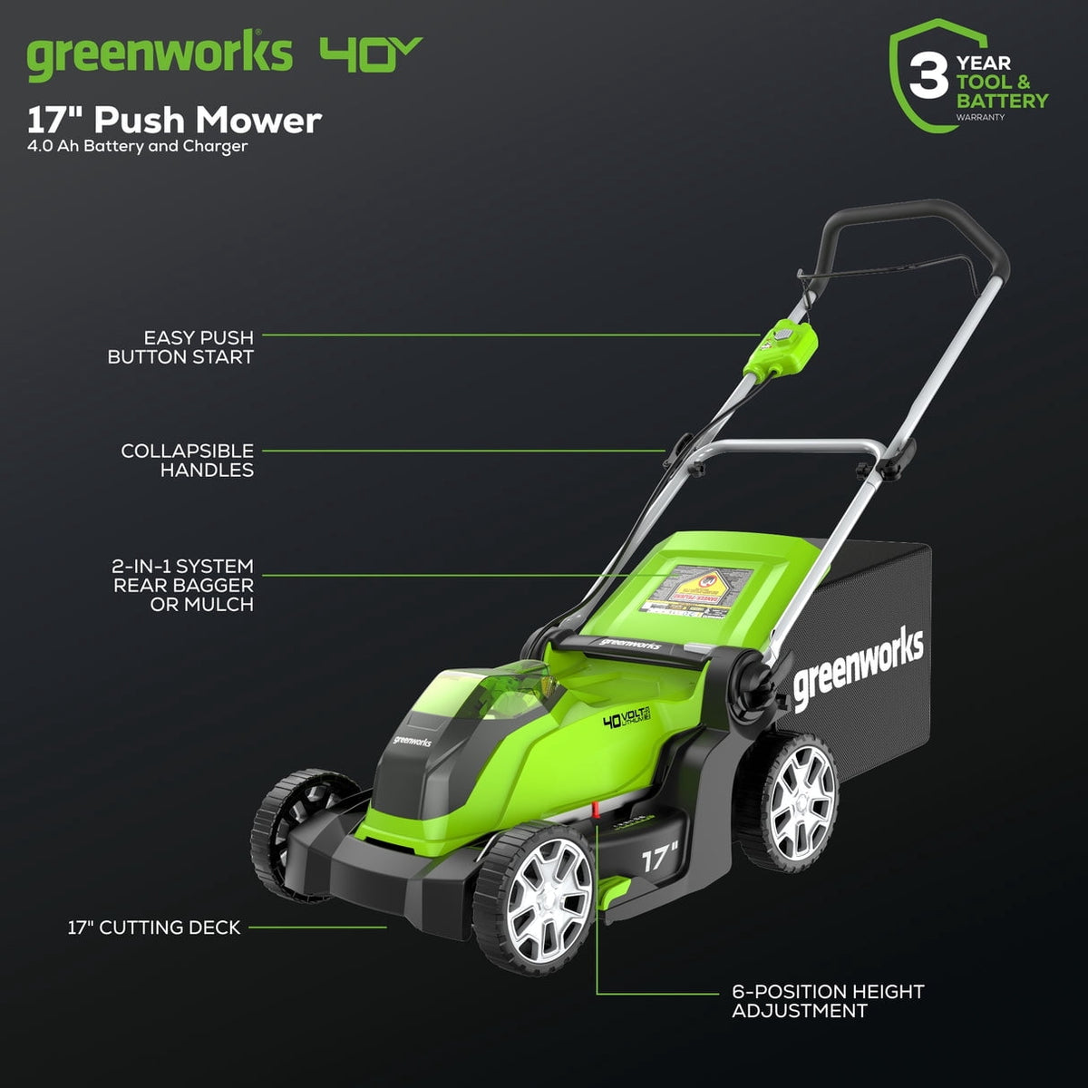 Greenworks 40V 17" Lawn Mower & 40V 12" String Trimmer Combo Kit, 4.0Ah Battery and Charger Included