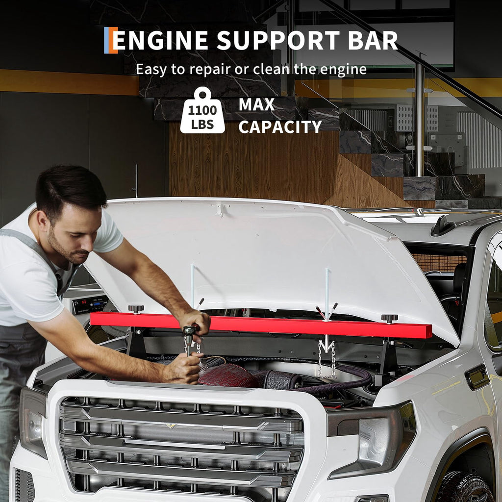 Heavy-Duty Engine Support Bar - Adjustable Transmission Jack Holder with 2 Rotating Hooks, Dual Steel Construction for Car & Truck Repair Garage