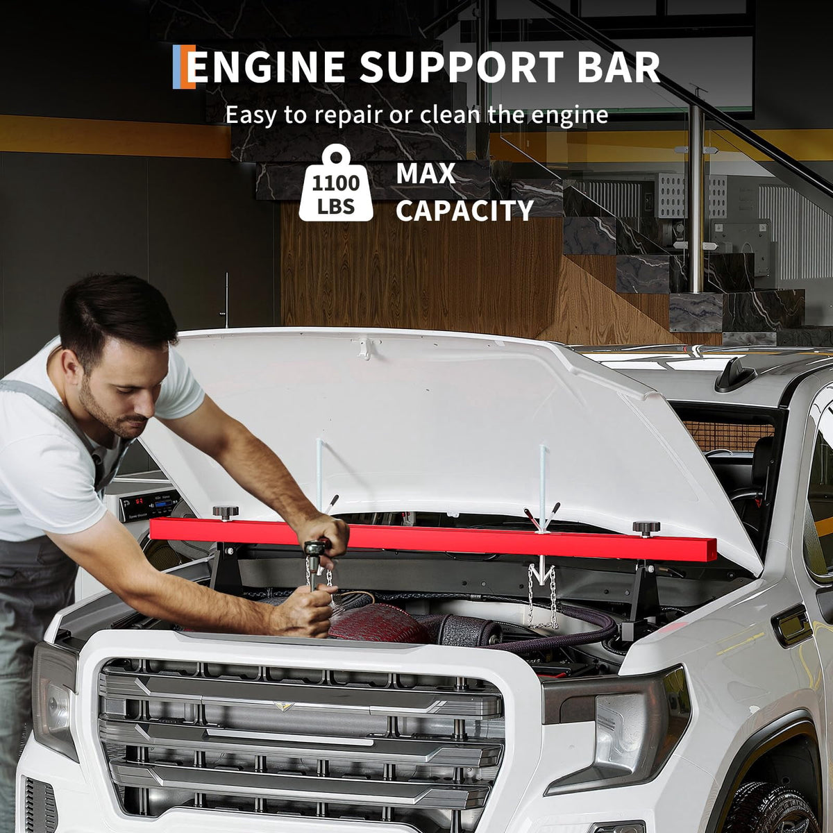 Heavy-Duty Engine Support Bar - Adjustable Transmission Jack Holder with 2 Rotating Hooks, Dual Steel Construction for Car & Truck Repair Garage