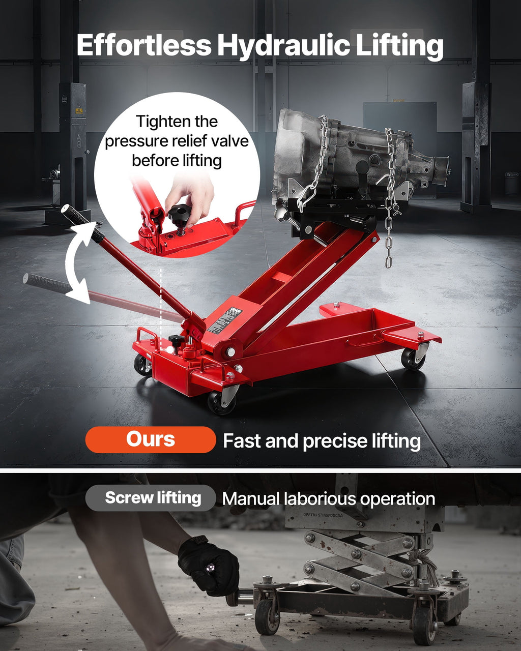 VEVOR 1-Ton/2200 lb Low-Profile Telescoping Transmission Jack, 7.28-27.6 Inch Lift, 360-Degree Swivel Wheels