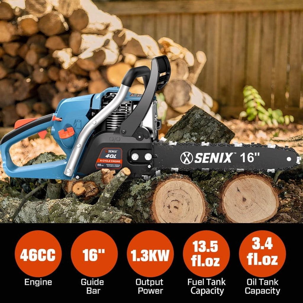 SENIX CS4QL-L3 16" 46cc 4-Cycle Gas Powered Chainsaw, Automatic Oiler