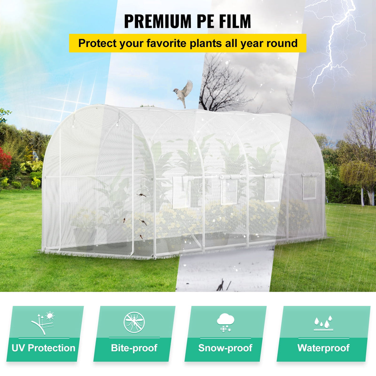 KFFKFF 15x6.5x7 Ft Walk-In Tunnel Greenhouse, Galvanized Steel Frame, Zipper Door and 8 Roll-Up Windows, White