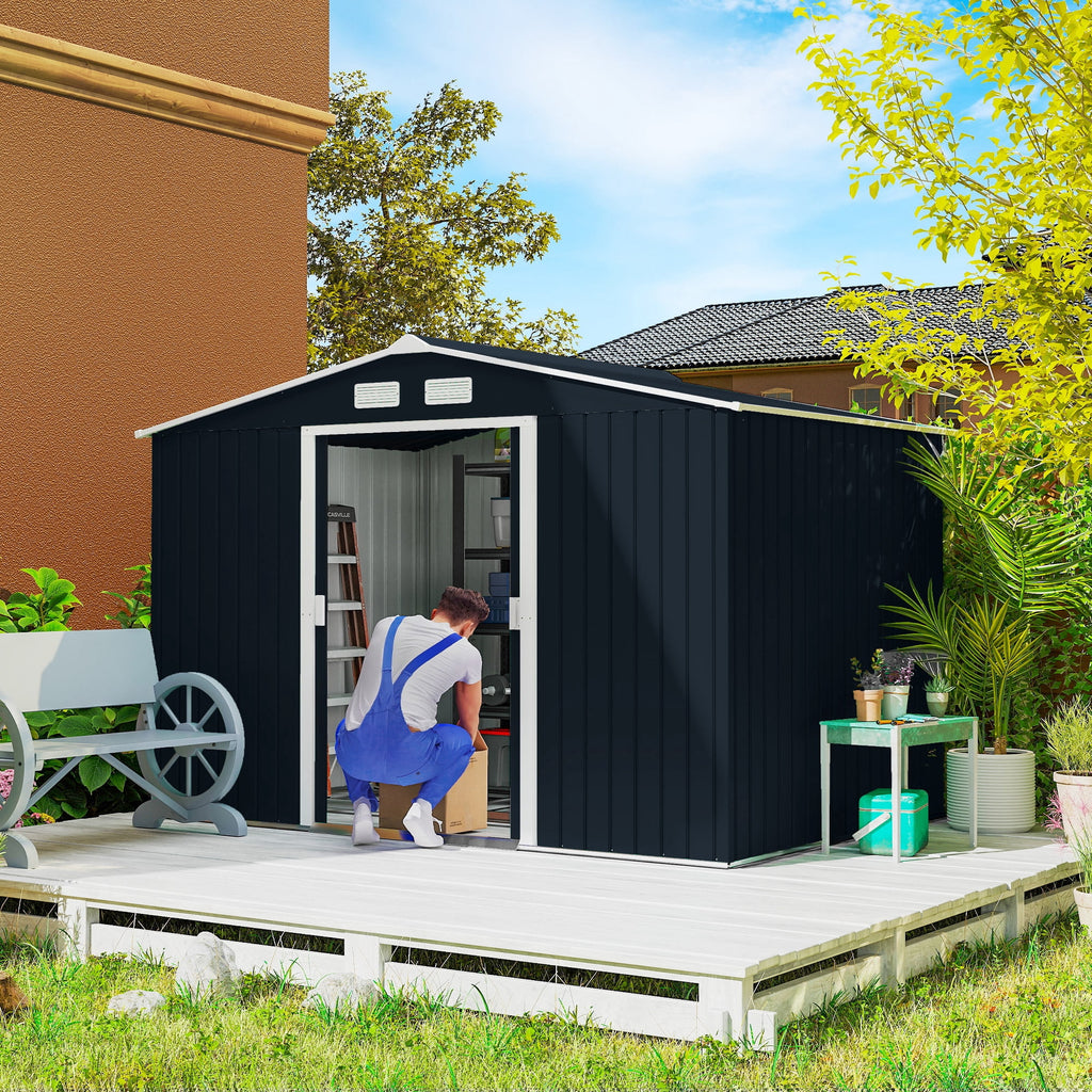 Outsunny 9' x 6' Garden Storage Shed with Foundation Kit, Metal Tool Storage House with Double Doors for Outdoor Patio Yard, Dark Grey