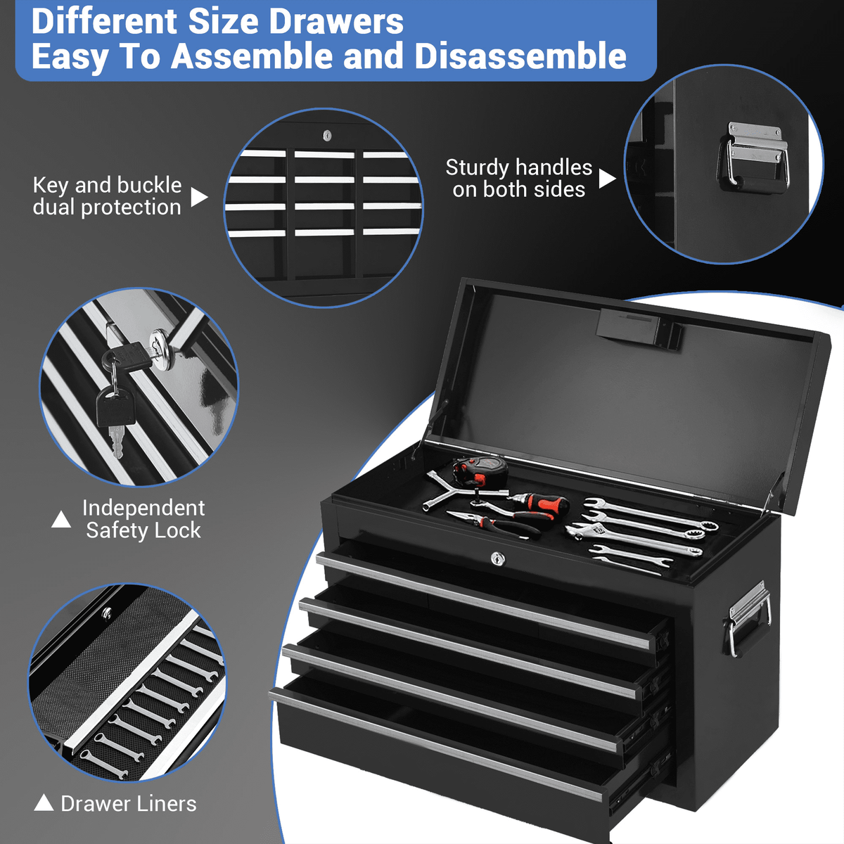 2-in-1 Rolling Tool Chest, 5 Lockable Drawers, Detachable Top Toolbox, Heavy-Duty Steel Cabinet with Wheels