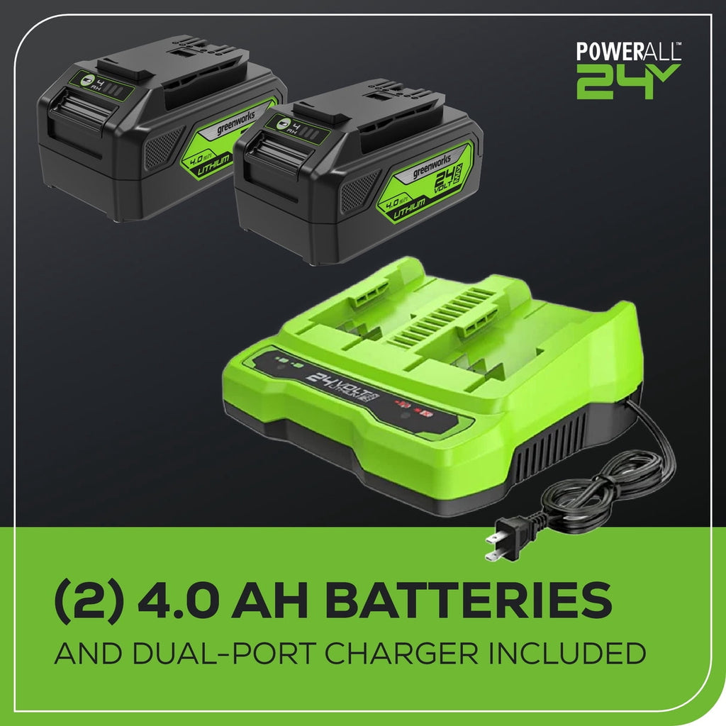 Greenworks 48V (2 x 24V) 16" Brushless Cordless Chainsaw with extra chain, (2) 4.0Ah USB Batteries (USB Hub) and Dual Port Rapid Charger Included