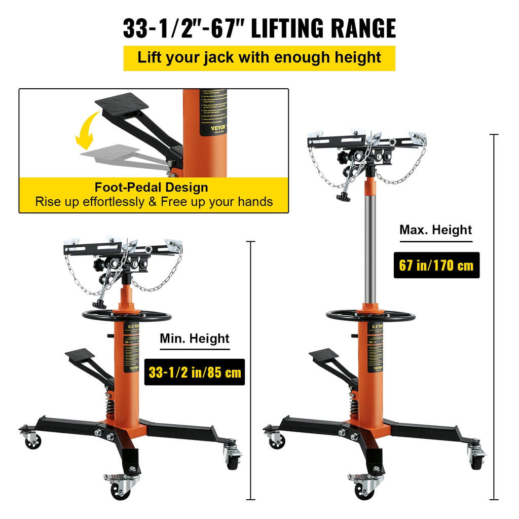 VEVOR 1/2-Ton/1100 lb 2-Stage Hydraulic Transmission Jack, Foot Pedal and 360-Degree Swivel Wheels, Orange
