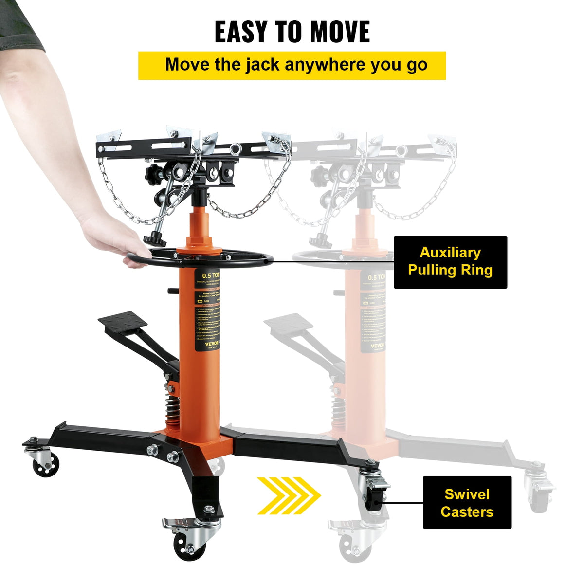 VEVOR 1/2-Ton/1100 lb 2-Stage Hydraulic Transmission Jack, Foot Pedal and 360-Degree Swivel Wheels, Orange
