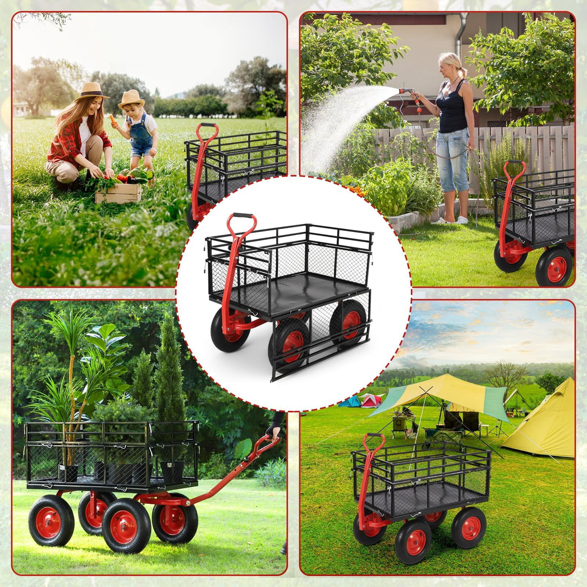 GloryStar Steel Garden Dump Cart, Removable Side Panels, 16-Inch All-Terrain Wheels and Adjustable Handle