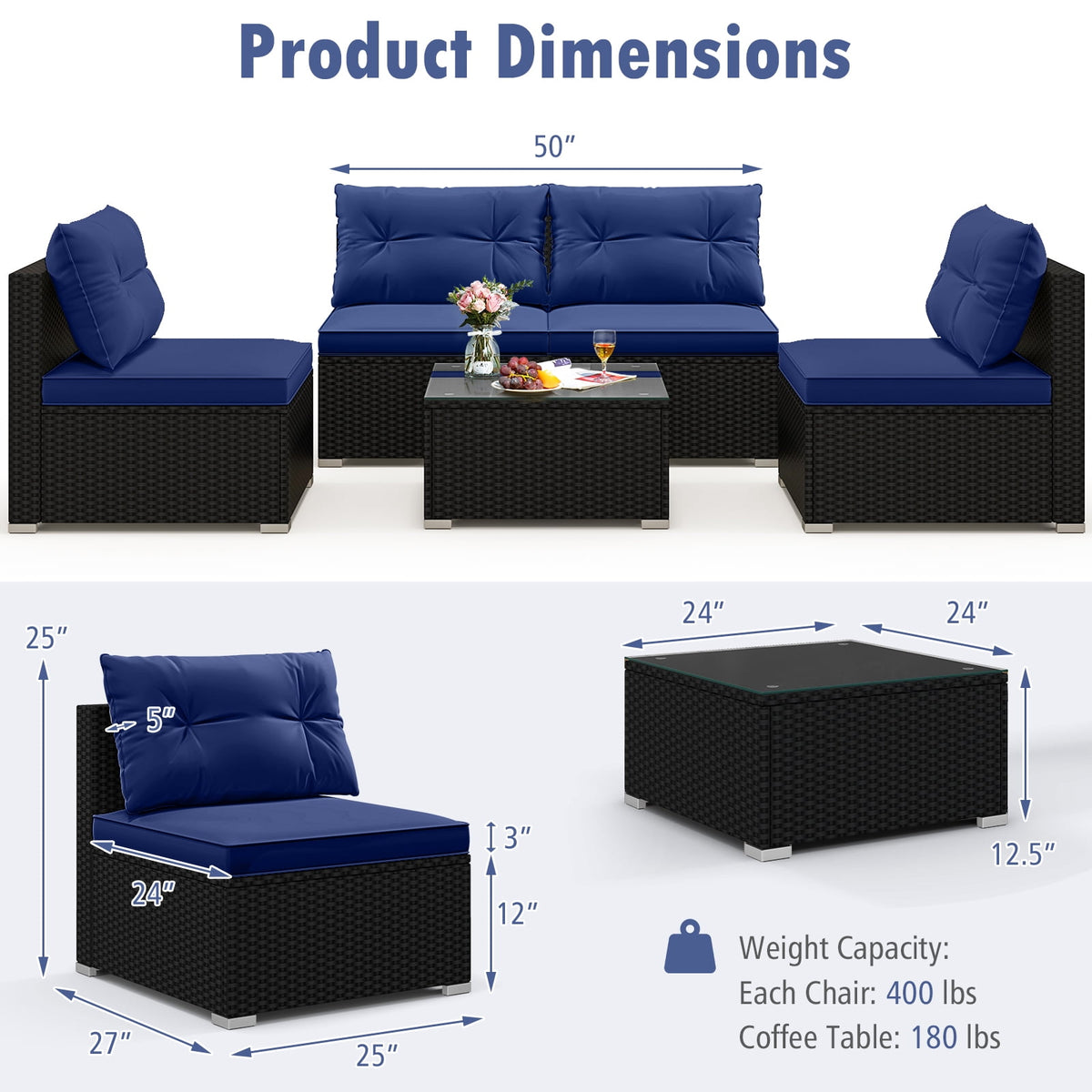 Gymax 5 PCS Patio Furniture Set w/ Seat & Back Cushions Tempered Glass Tabletop Navy