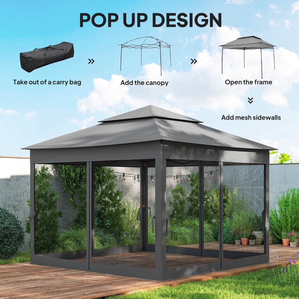 11'x11' Pop Up Gazebo 2-Tier Soft Top Gazebo w/ Mesh Netting, Dark Grey
