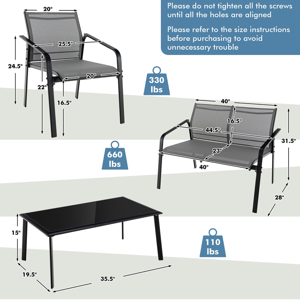Costway 4 PCS Patio Furniture Set Loveseat Sofas Armrest Glass Table Deck Grey