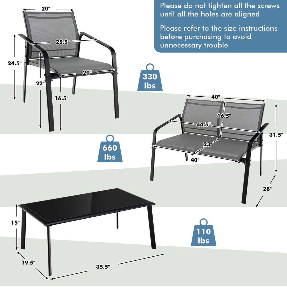 Costway 4 PCS Patio Furniture Set Loveseat Sofas Armrest Glass Table Deck Grey