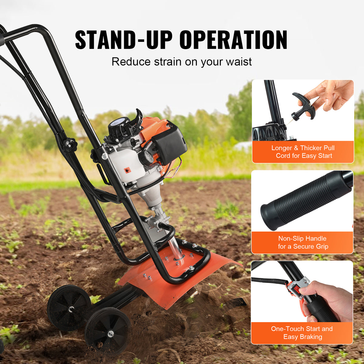 KFFKFF Tiller Cultivator, 31CC 4-Stroke Garden Tilling Machine, Cultivator with 4 Steel Modifiable Front Tines for Lawn, Garden and Field Tilling