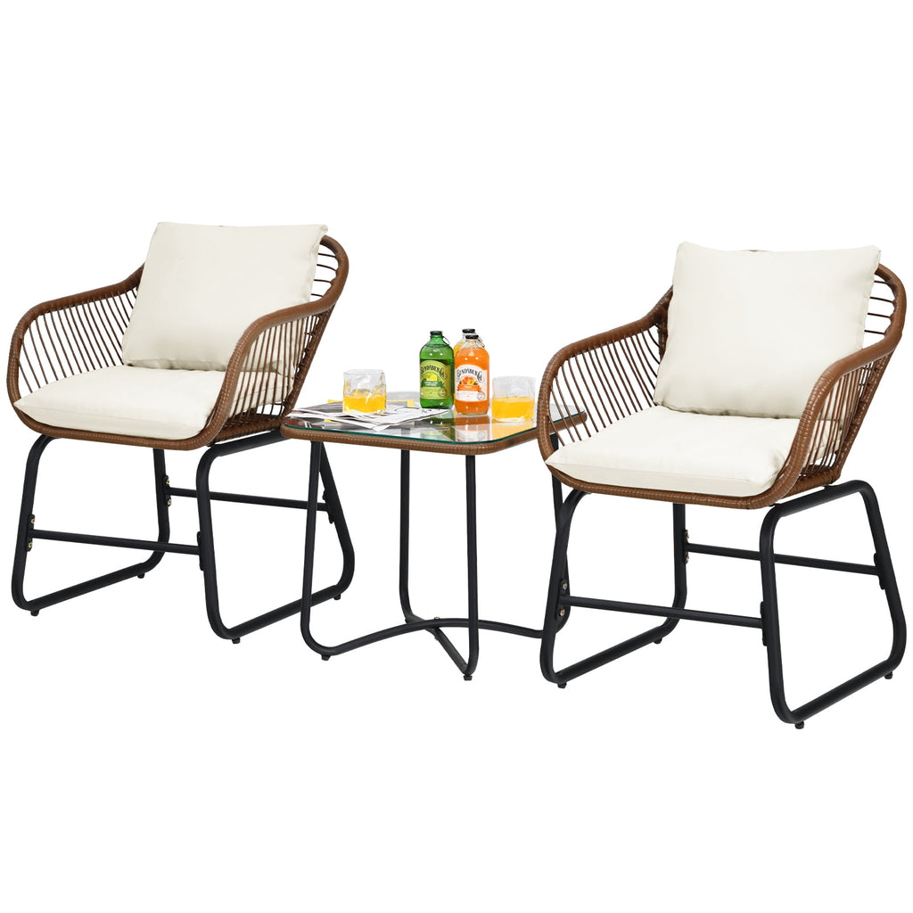 Patiojoy 3 Pieces Outdoor Furniture Set Patio Bistro Set w/2 Armchairs & Tempered Glass Table White