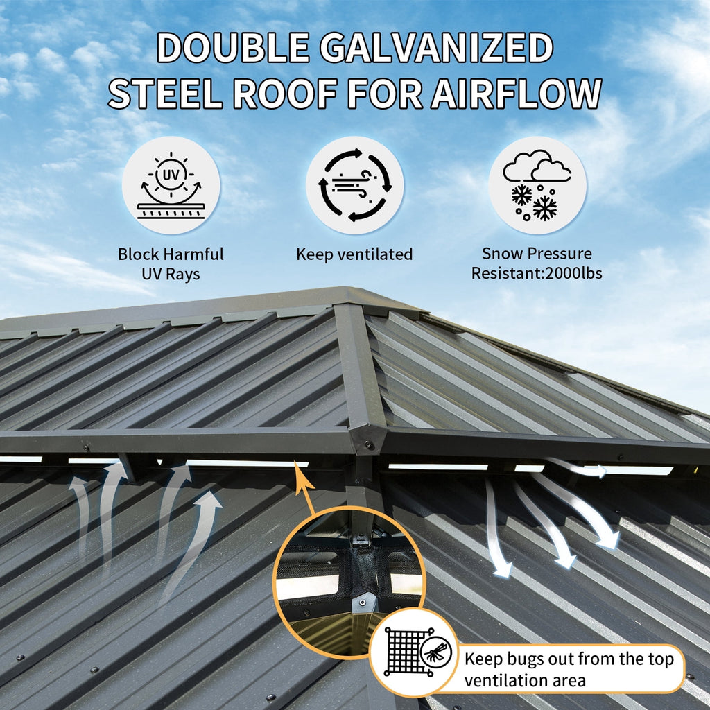 Domi Outdoor 10x14 ft Hardtop Gazebo Canopy Metal with Galvanized Steel Double Roof,Curtain & Netting for Patio Deck Backyard, Gray
