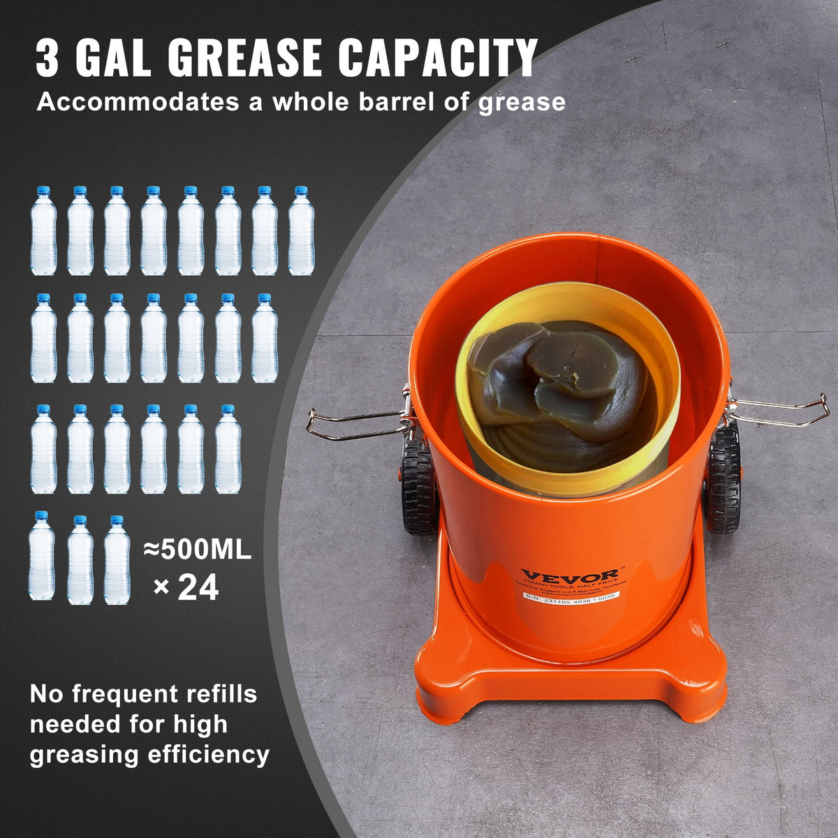 VEVOR 3-Gallon/12L Air-Operated Grease Pump, 50:1 Pressure Ratio, 13 ft Hose, Grease Gun and Wheels