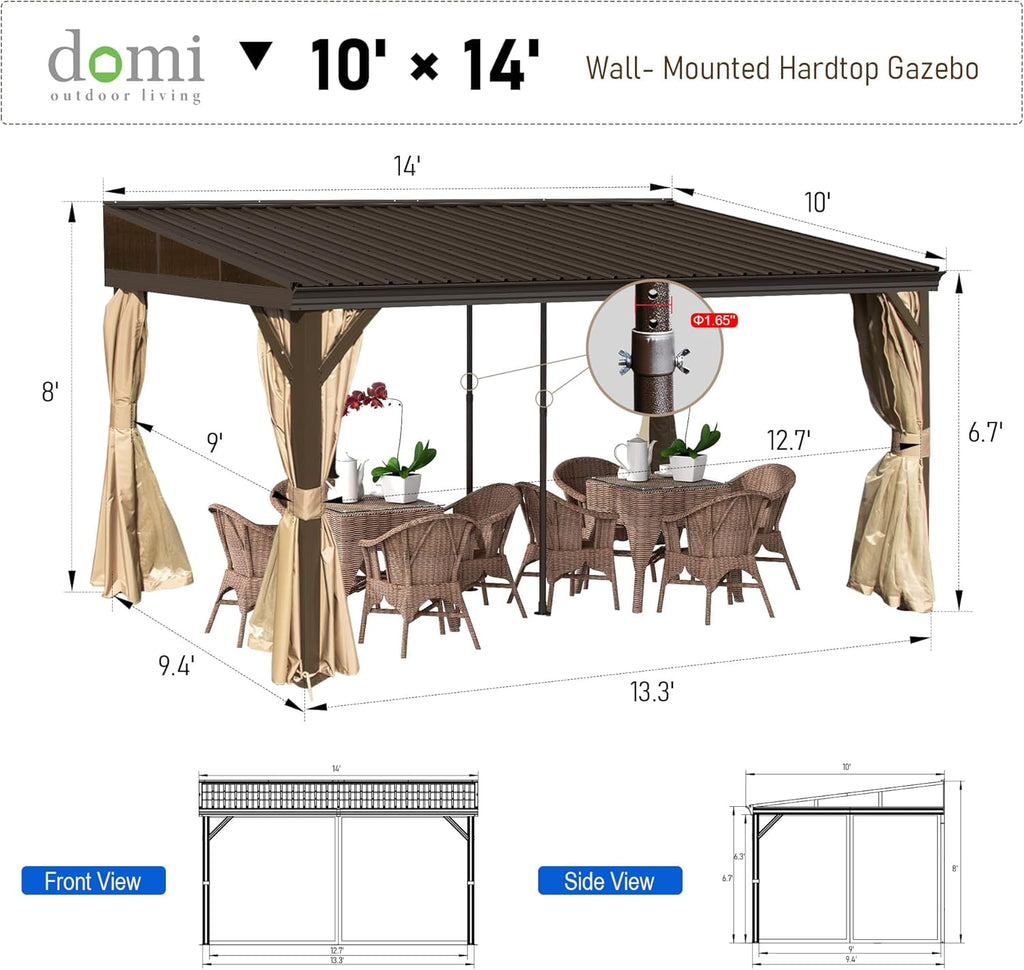 Domi 10x14FT Lean-To Gazebo, Outdoor Wall-Mounted Aluminum Frame Canopy with Sloping Galvanized Steel Roof, Netting & Curtains for Deck/Porch/Backyard