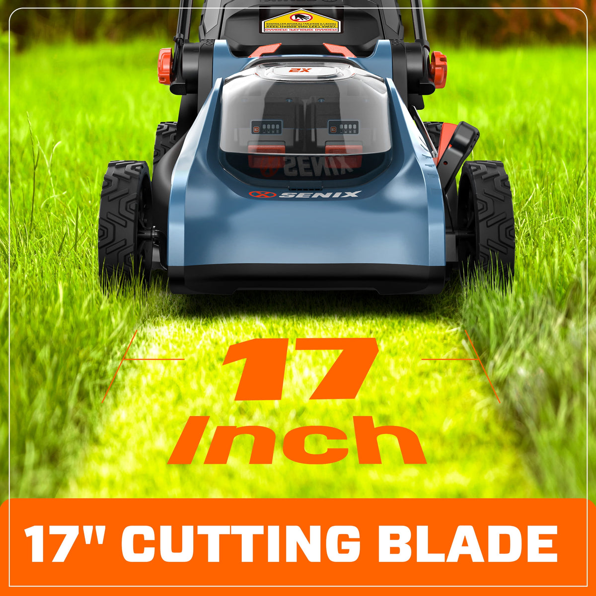 SENIX LPPX2-M5 17" 40V Battery Powered Push Walk-Behind Lawn Mower, Mulching and Bagging, 6-Position Height Adjustment, Brushless Motor, Cordless