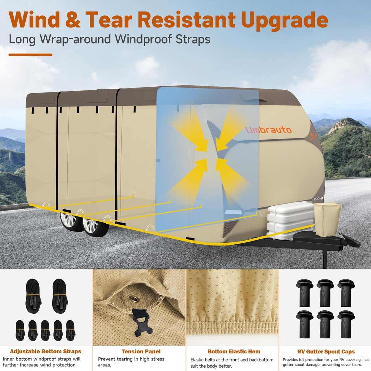 Umbrauto 18-20 Ft Travel Trailer RV Cover, 8-Layer Top, Waterproof and Windproof, with Jack and Gutter Covers