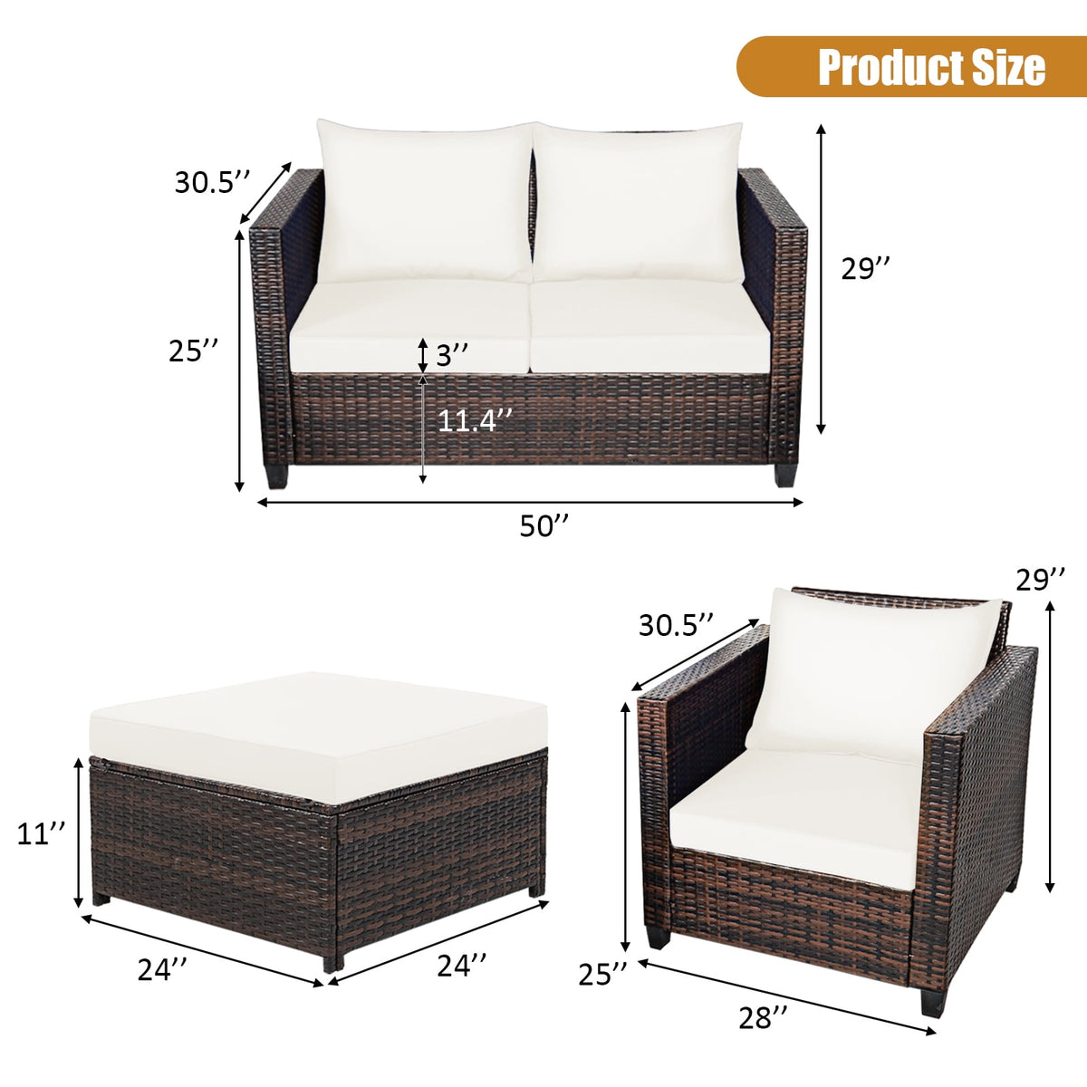 Patiojoy 5 Pieces Patio Furniture Set Sectional Wicker Sofa Conversation Set with Removable Cushions White
