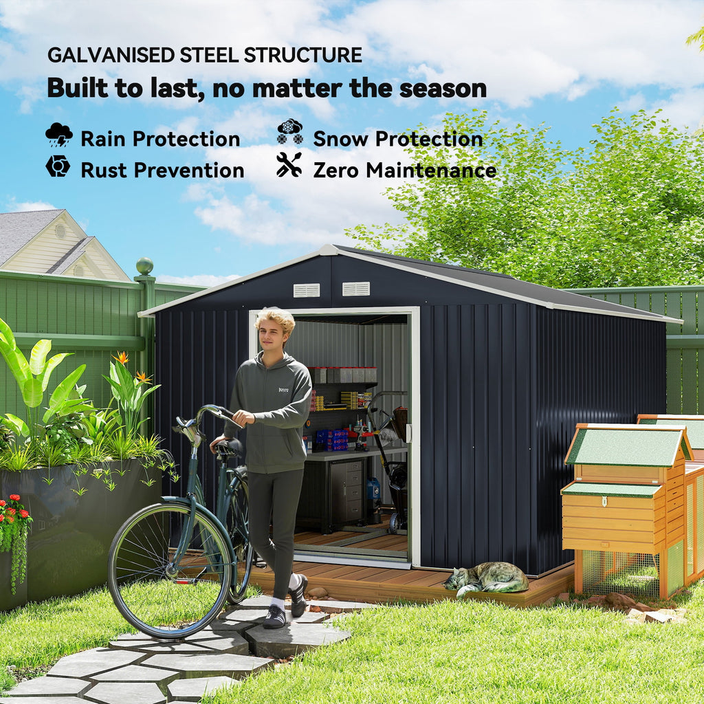 Outsunny 9' x 11' Garden Storage Shed with Foundation Kit, Metal Tool Storage House with Double Doors for Outdoor Patio Yard, Dark Grey