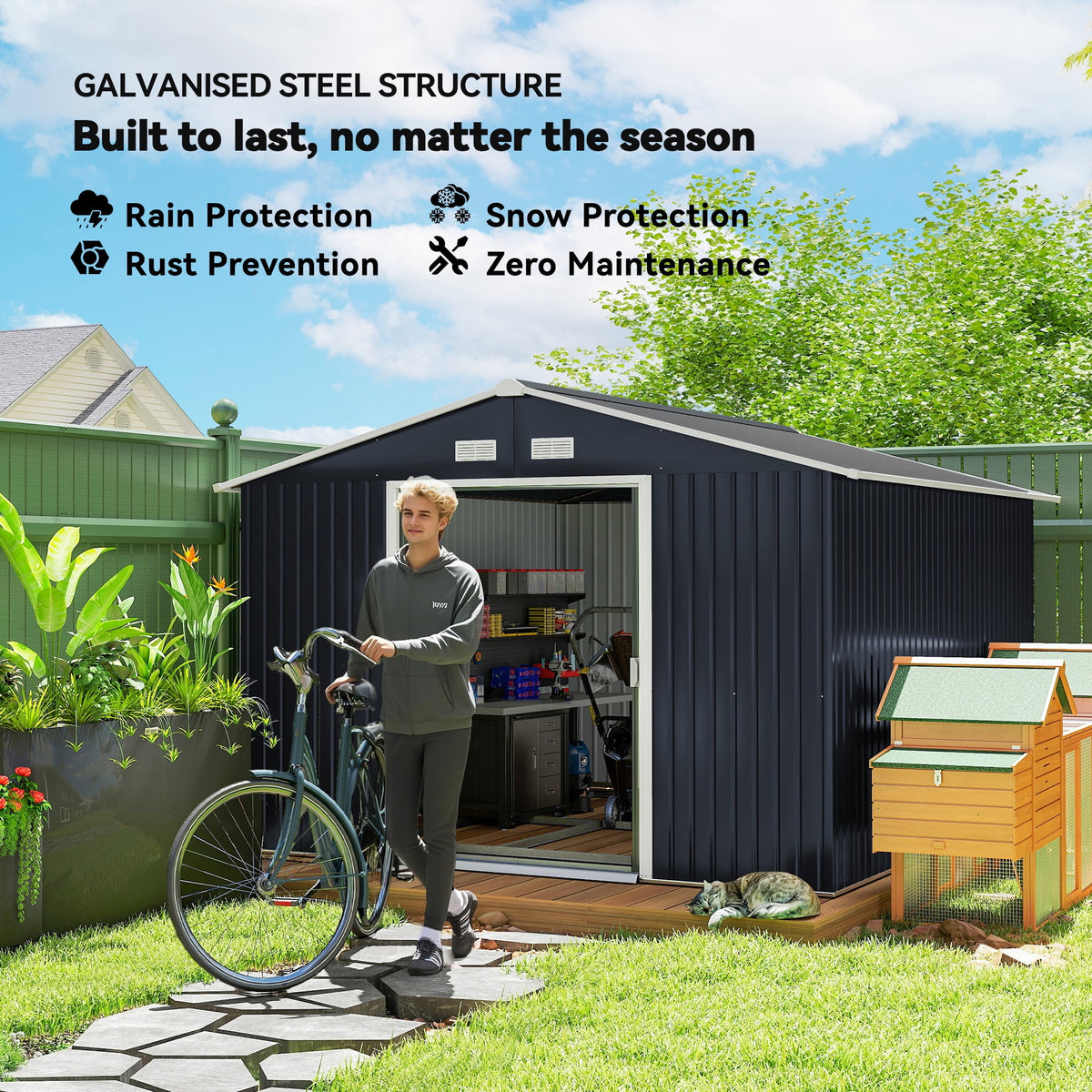Outsunny 9' x 11' Garden Storage Shed with Foundation Kit, Metal Tool Storage House with Double Doors for Outdoor Patio Yard, Dark Grey