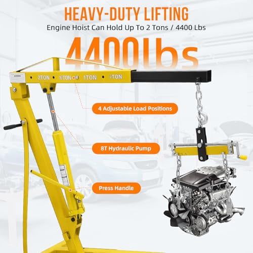 2-Ton/4400 lb Hydraulic Engine Hoist, Shop Crane with 6 Casters and Telescopic Boom for Garage and Auto Repair