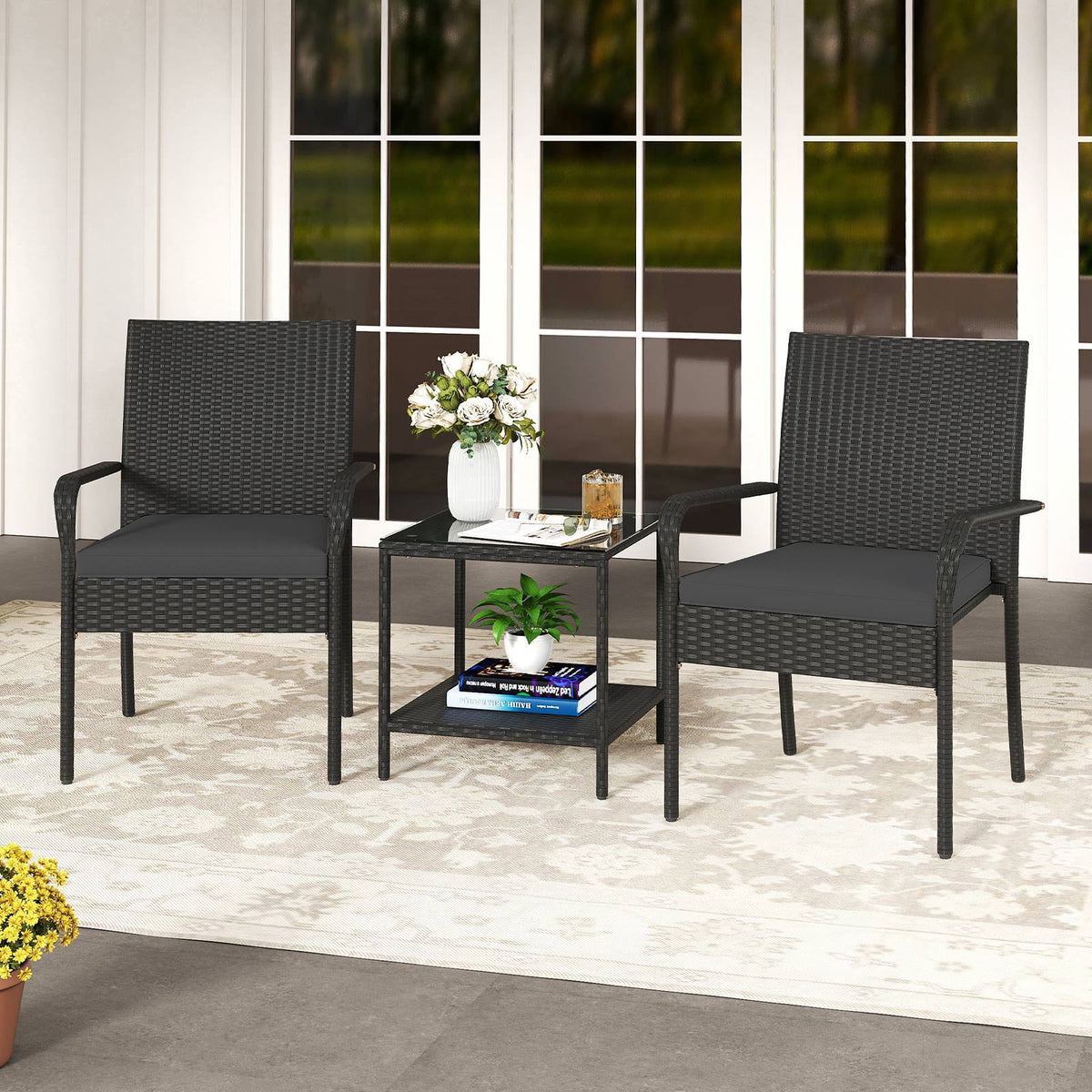 Gymax 3 Piece Patio Furniture Set Outdoor Wicker Chair & Table Set w/ Seat Cushions Black