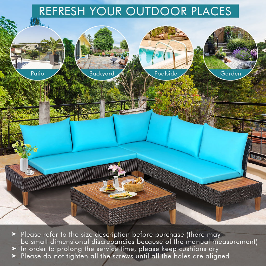 Costway 4PCS Patio Rattan Furniture Set Cushioned Loveseat w/Wooden Side Table Turquoise