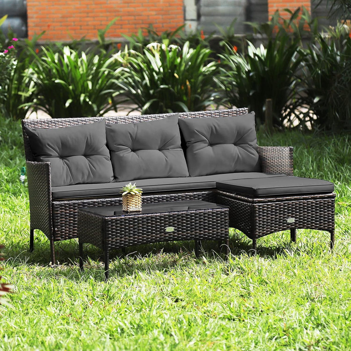 Gymax 3PCS Patio Rattan Sectional Conversation Furniture Set w/ Grey Cushions