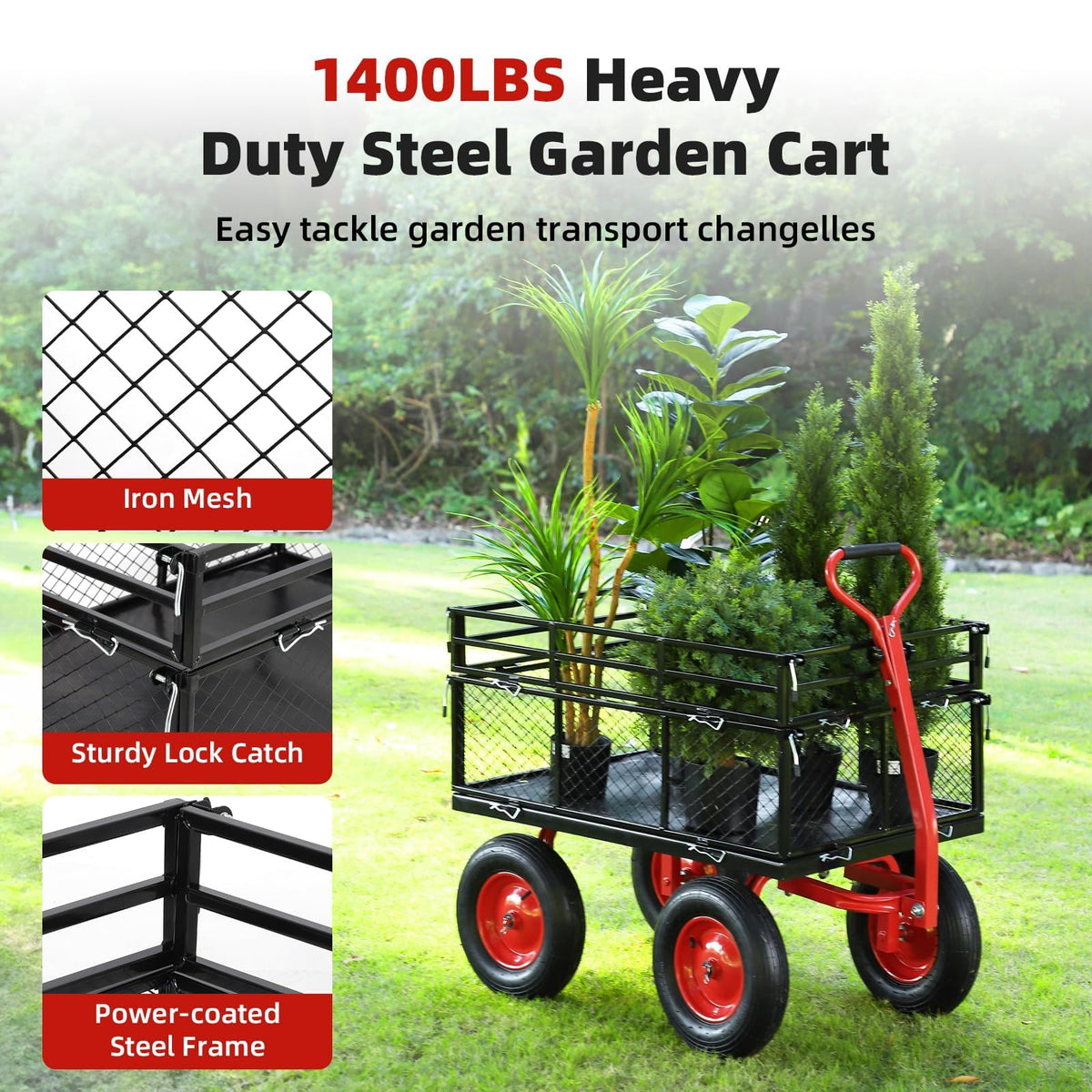 GloryStar Steel Garden Dump Cart, Removable Side Panels, 16-Inch All-Terrain Wheels and Adjustable Handle