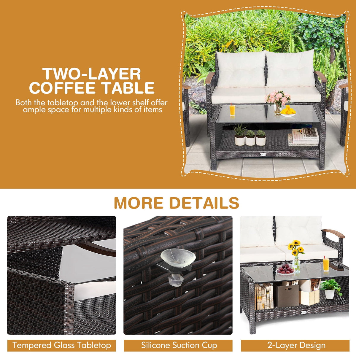 Patiojoy Patio Rattan 4PCS Cushioned Chair Side Table Set Bistro Set Classic Furniture Single Sofa Thick Cushion Loveseat for Garden Off White