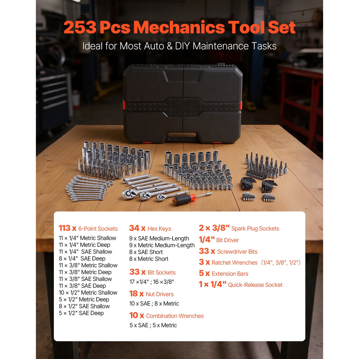 KFFKFF 253-Piece SAE/Metric Mechanics Tool Set, 1/4, 3/8 and 1/2 Inch Drive, Sockets, Wrenches, Bits and Case