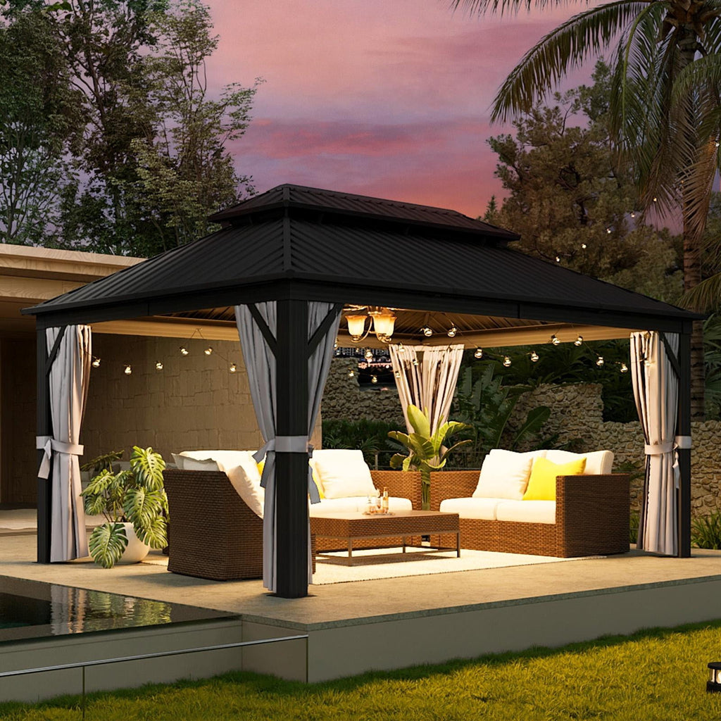 Aoxun 12 ft. x 16 ft. Outdoor Hardtop Gazebo, Galvanized Double Roof Aluminum Pavilion with Netting and Curtains for Garden, Patio, Lawns, Grey