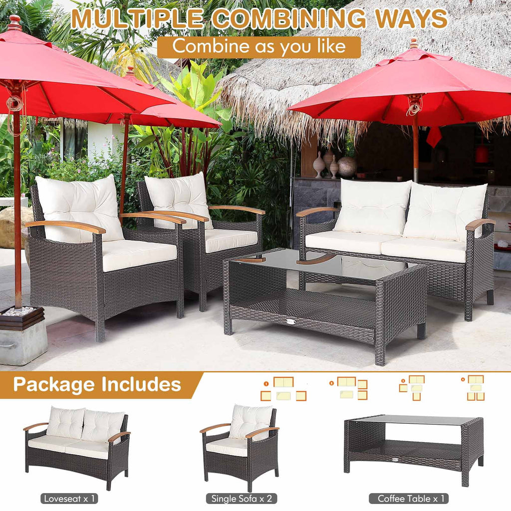 Patiojoy Patio Rattan 4PCS Cushioned Chair Side Table Set Bistro Set Classic Furniture Single Sofa Thick Cushion Loveseat for Garden Off White