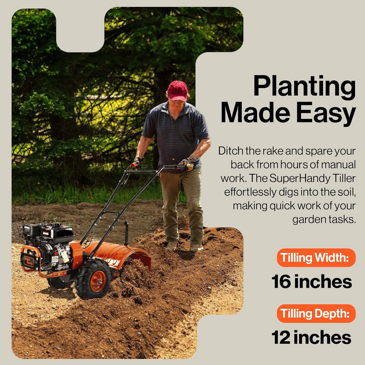 SuperHandy ROTO 7HP Rear Tine Tiller - Heavy-Duty Garden Soil Cultivator, 16" Tilling Width, 12"" Depth"