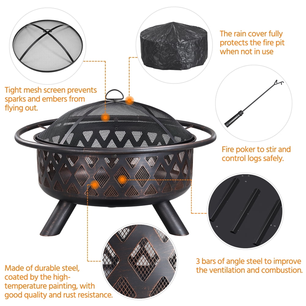Yaheetech Outdoor Metal Fire Pit with Mesh Screen Poker Rain Cover, Bronze