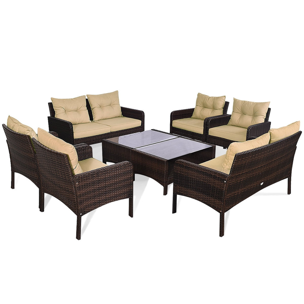 Patiojoy 4 Piece Patio Conversation Set Rattan Wicker Loveseat Sofa Coffee Table & Glass Top