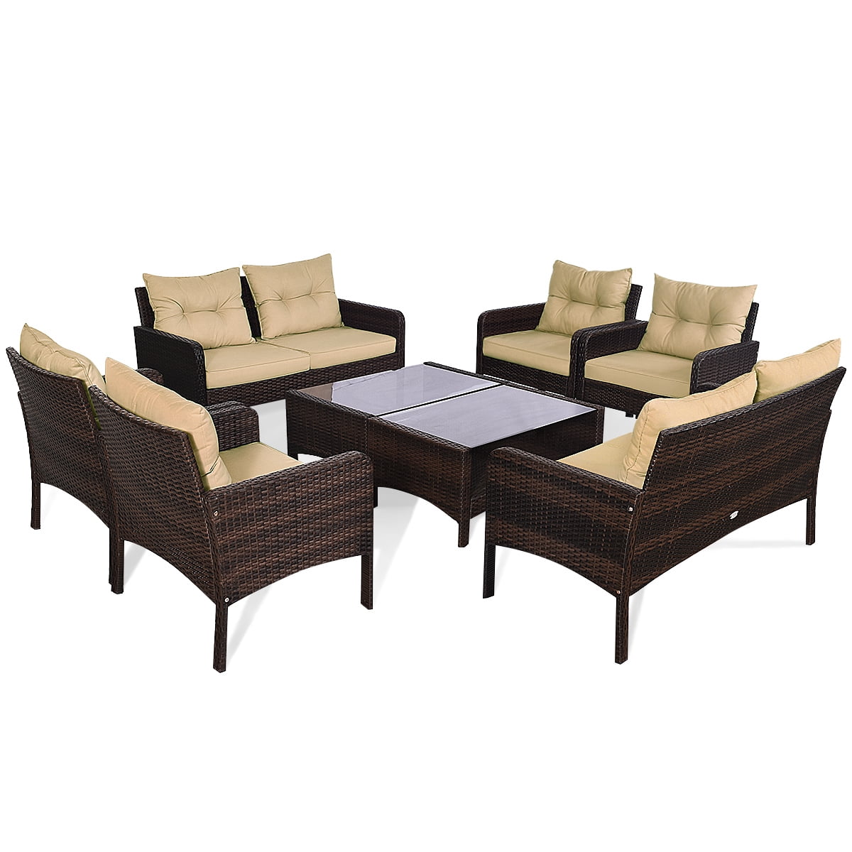 Patiojoy 4 Piece Patio Conversation Set Rattan Wicker Loveseat Sofa Coffee Table & Glass Top