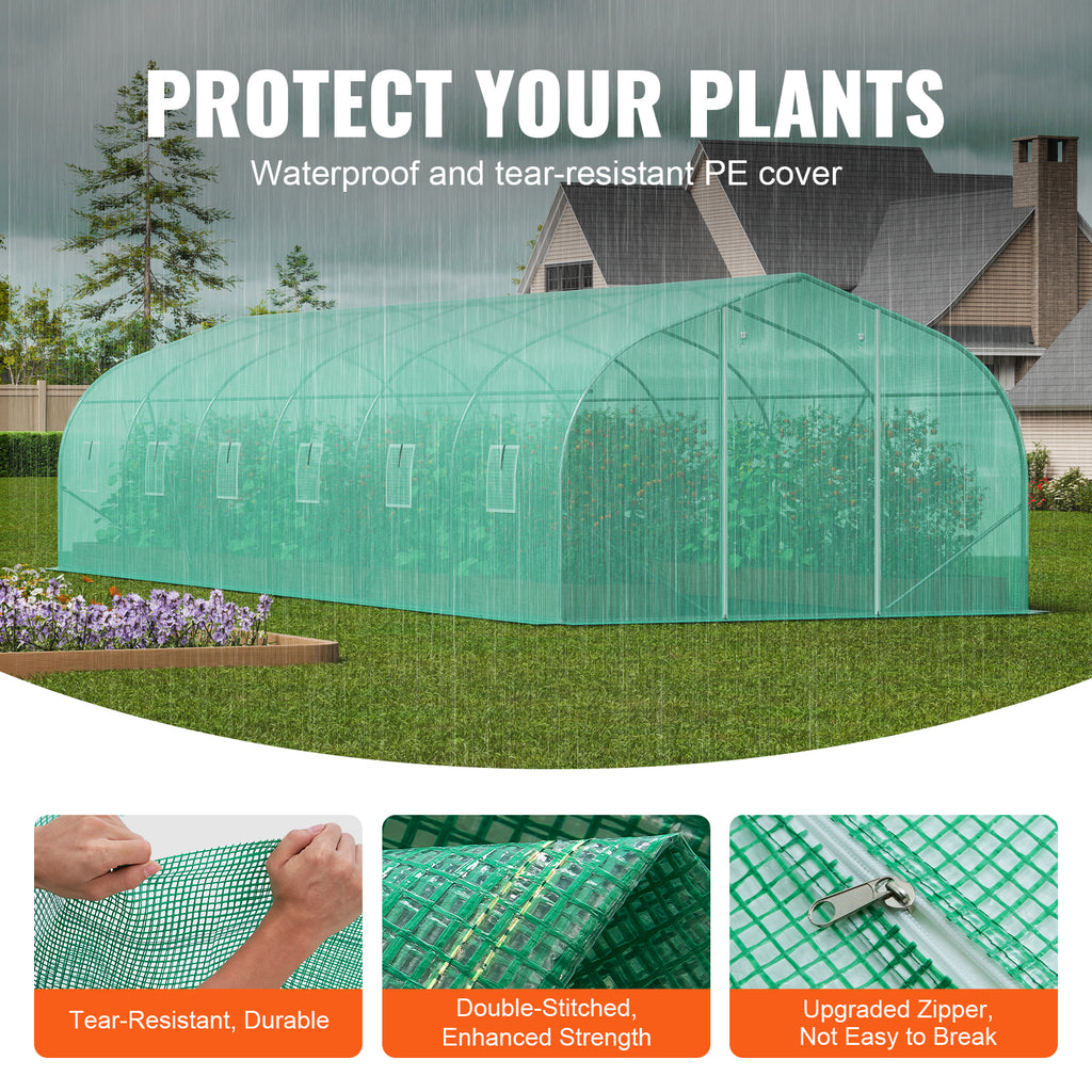 KFFKFF Tunnel Greenhouse, 29.5x9.8x6.6 ft, Peaked Roof, Green PE Fabric, Steel Frame, Roll-up Door, 12 Ventilation Windows, for Garden