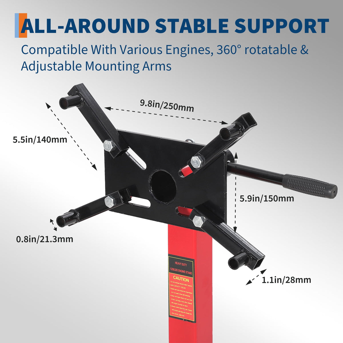Engine Stand with 360° Rotating Head, Heavy Duty Steel Motor Stand with 4 Adjustable Arms and Casters, for Vehicle Maintenance and Auto Repair, Red