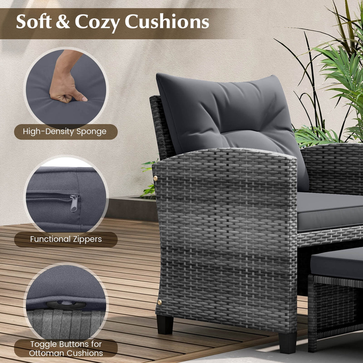 Costway 5 Piece Patio Rattan Furniture with 2 Ottomans & Tempered Glass Coffee Table Grey