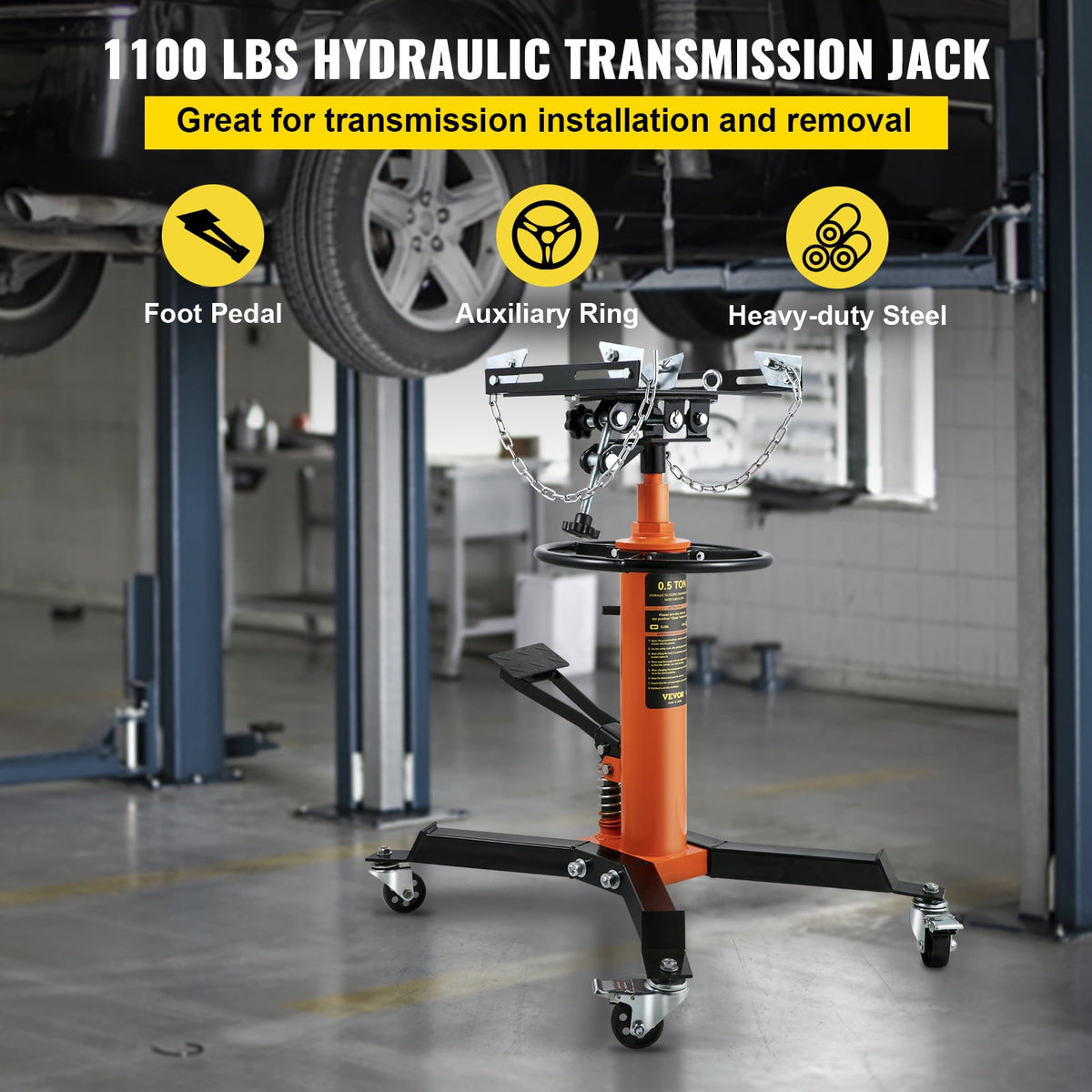 VEVOR 1/2-Ton/1100 lb 2-Stage Hydraulic Transmission Jack, Foot Pedal and 360-Degree Swivel Wheels, Orange