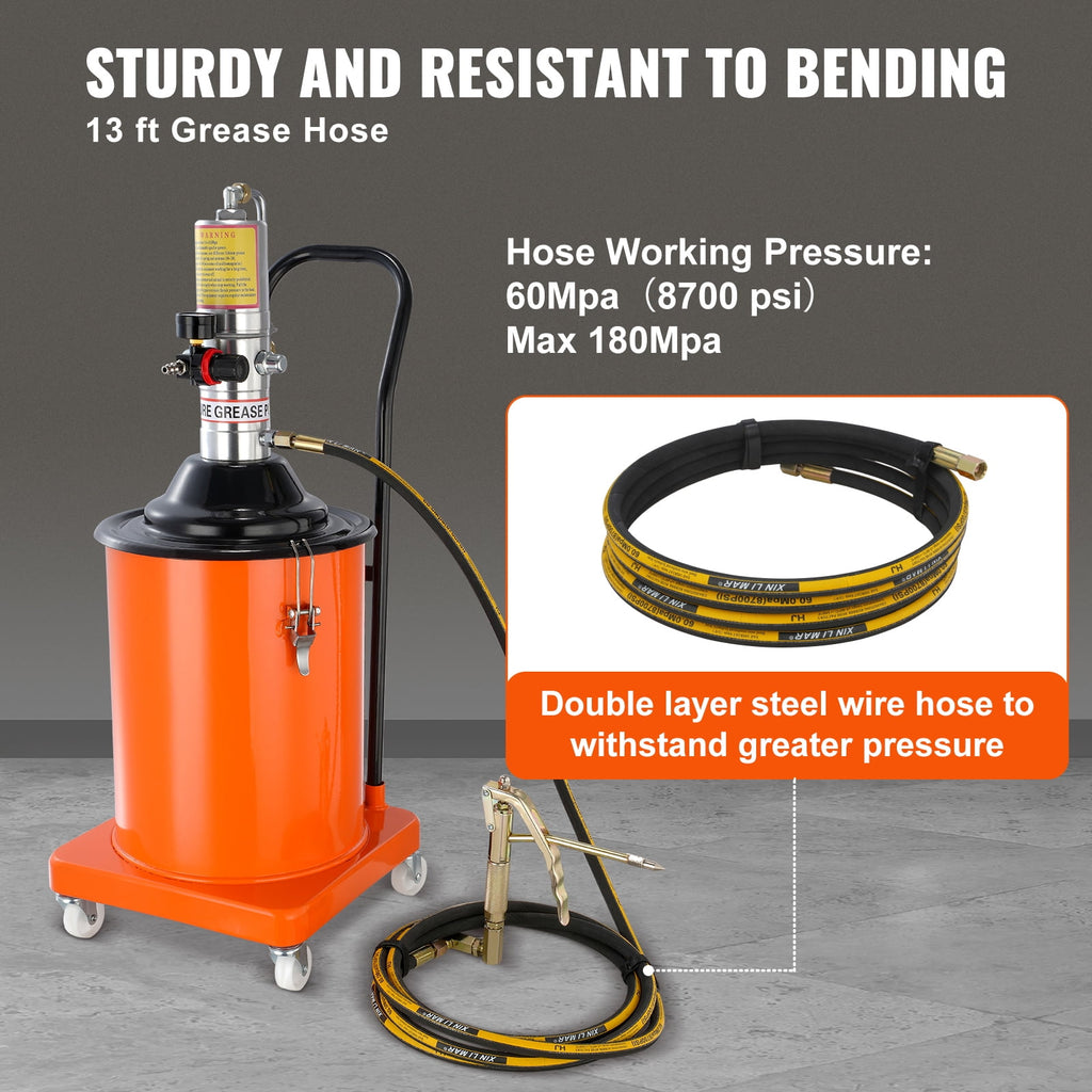 KFFKFF 5-Gallon/20L Pneumatic Grease Pump, 50:1 Pressure Ratio, 13 ft Hose, Grease Gun and Wheels
