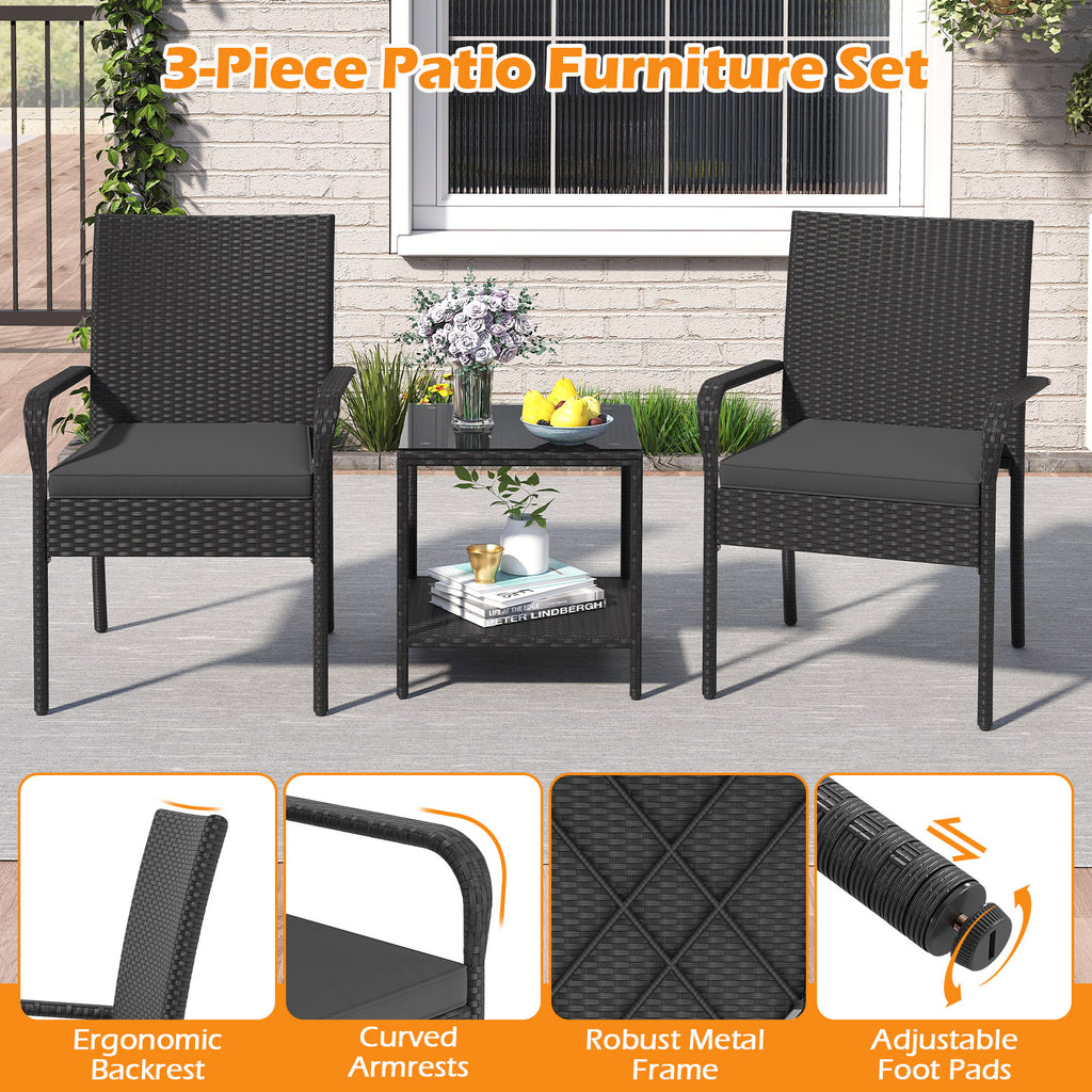 Gymax 3 Piece Patio Furniture Set Outdoor Wicker Chair & Table Set w/ Seat Cushions Black