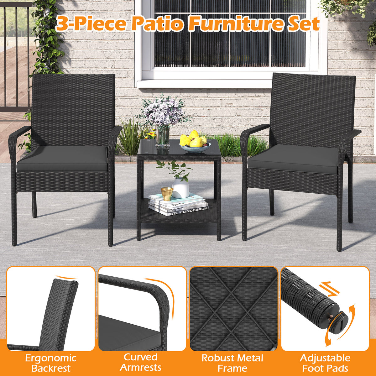 Gymax 3 Piece Patio Furniture Set Outdoor Wicker Chair & Table Set w/ Seat Cushions Black