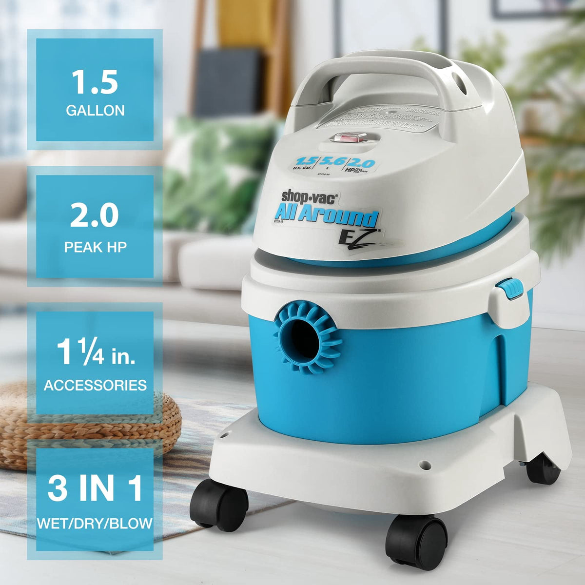 Shop-Vac 5895100 All Around EZ 1.5-Gallon Wet/Dry Vacuum, 2.0 Peak HP, 3-in-1, Wall Bracket and Attachments