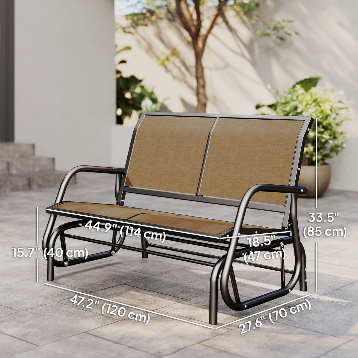 Outsunny Double Glider Outdoor Steel Sling Fabric Gliding Bench, Brown