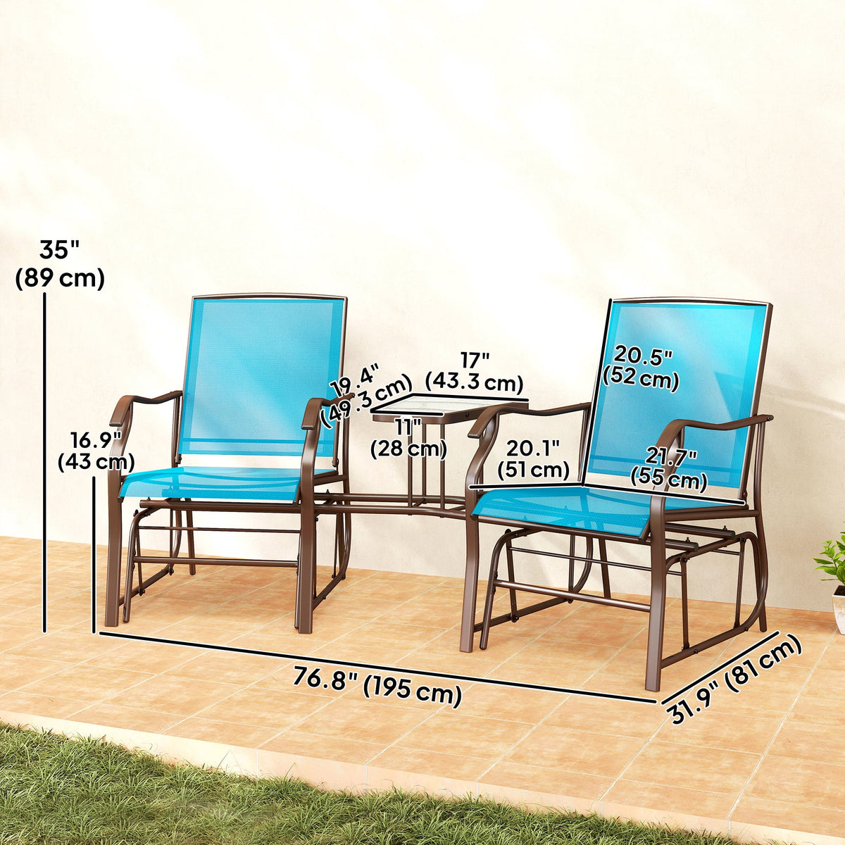 Outsunny Double Patio Glider Chair with Glass Top Center Table, Blue