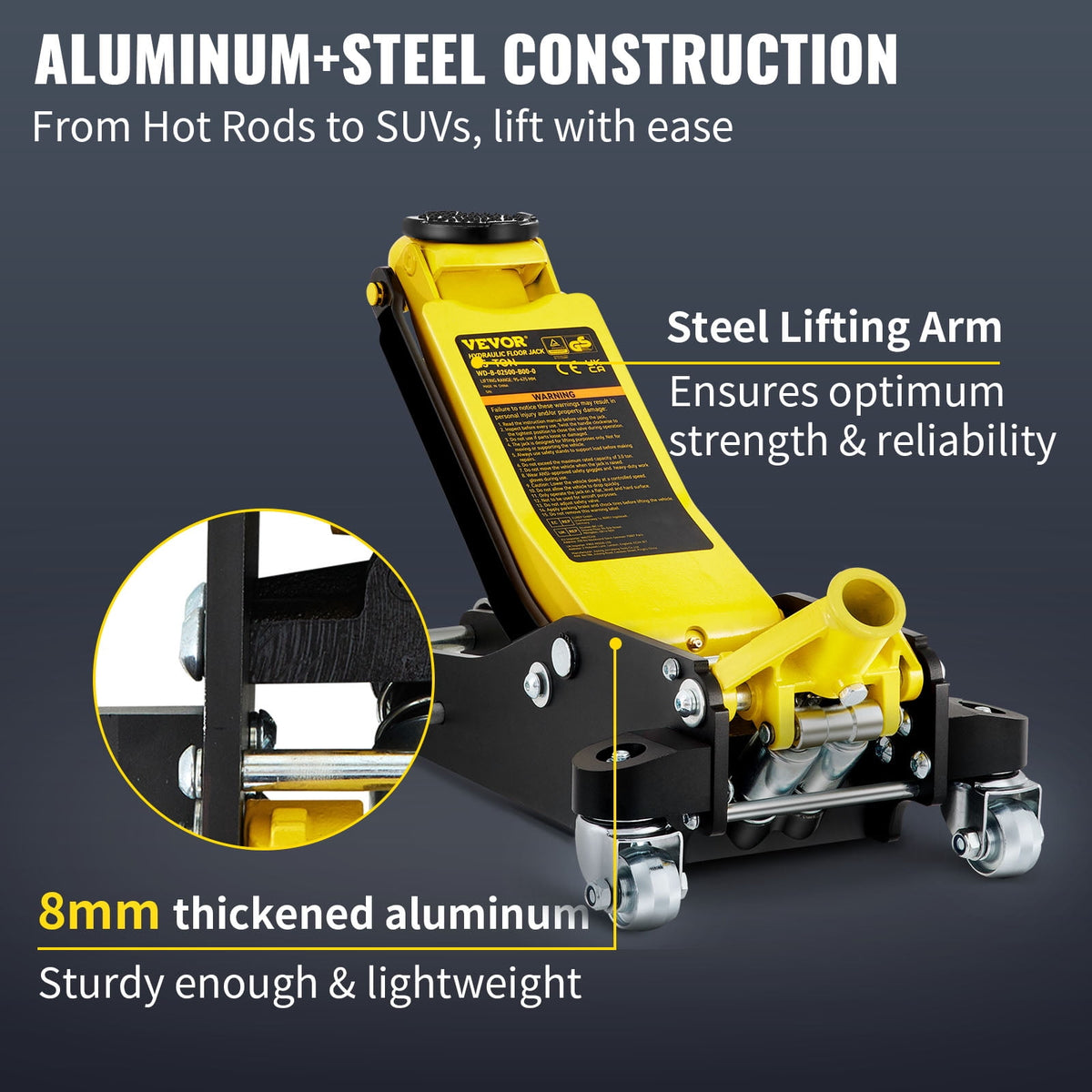 VEVOR 2.5-Ton Low-Profile Aluminum and Steel Floor Jack, Dual-Piston Quick Lift, 3-3/4 to 18-7/10 Inch Lift Range